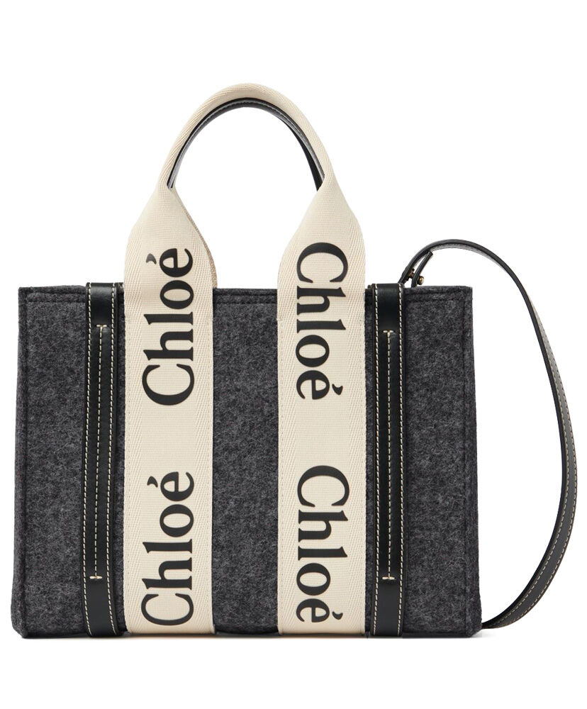 Chloe Small Woody Tote Bag With Strap Canvas with Leather Dark Gray